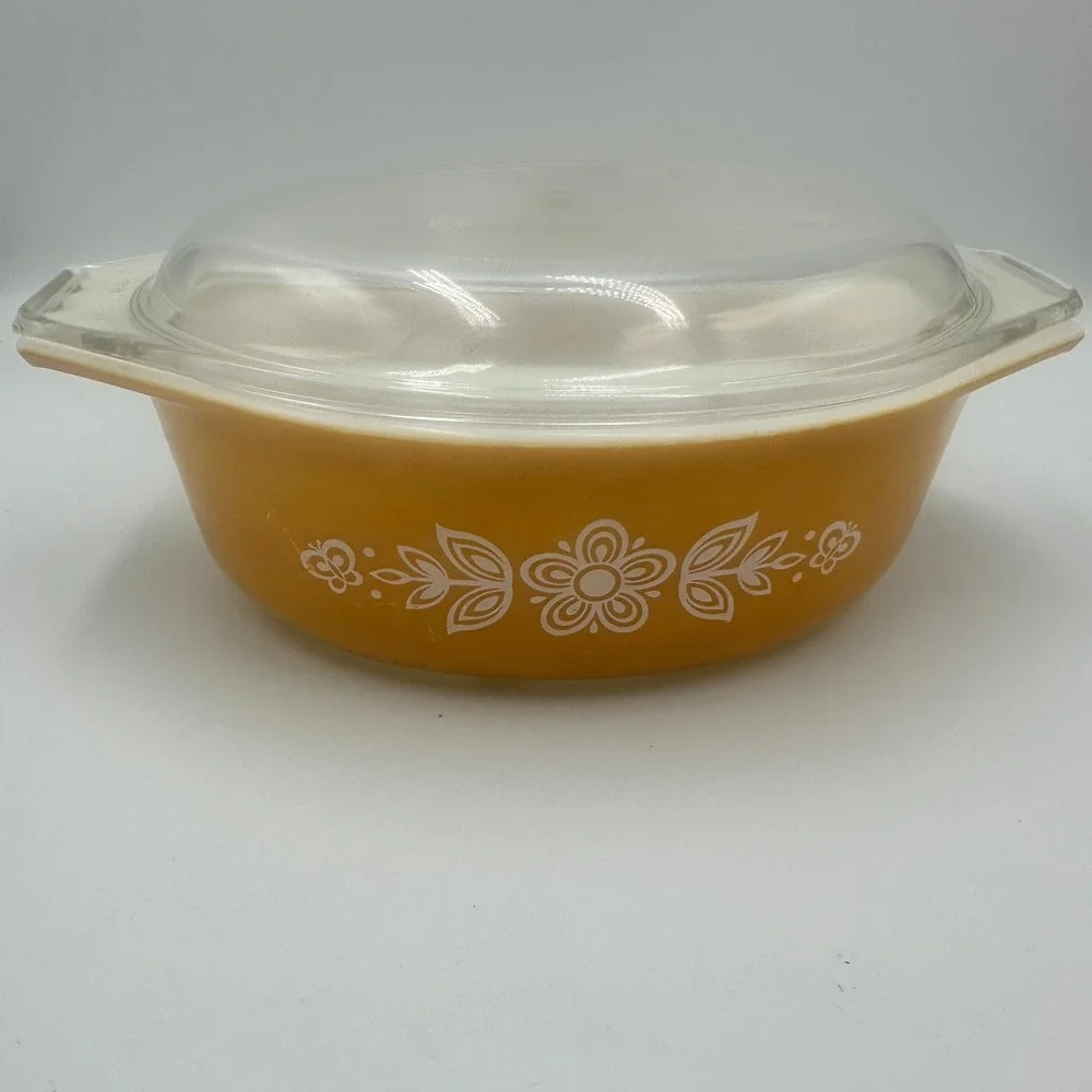 VTG MCM Pyrex Casserole Dish 1.5qt Gold Butterfly Gold 043 Oval Baking Dish Lid